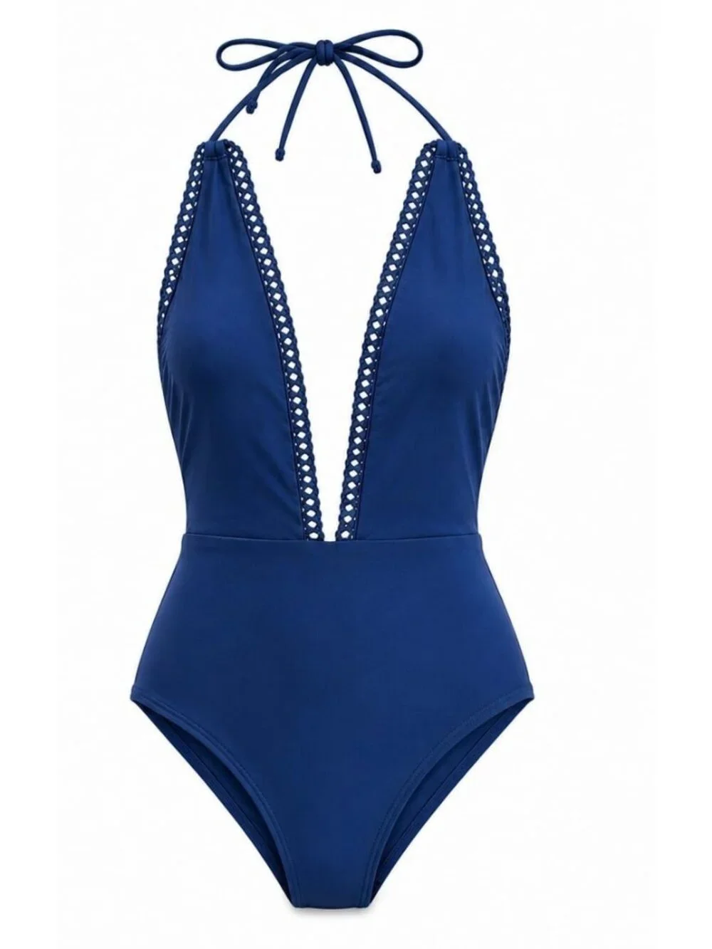 Aerie One Piece Swimsuit Small Blue Plunge Halter Crochet Trim